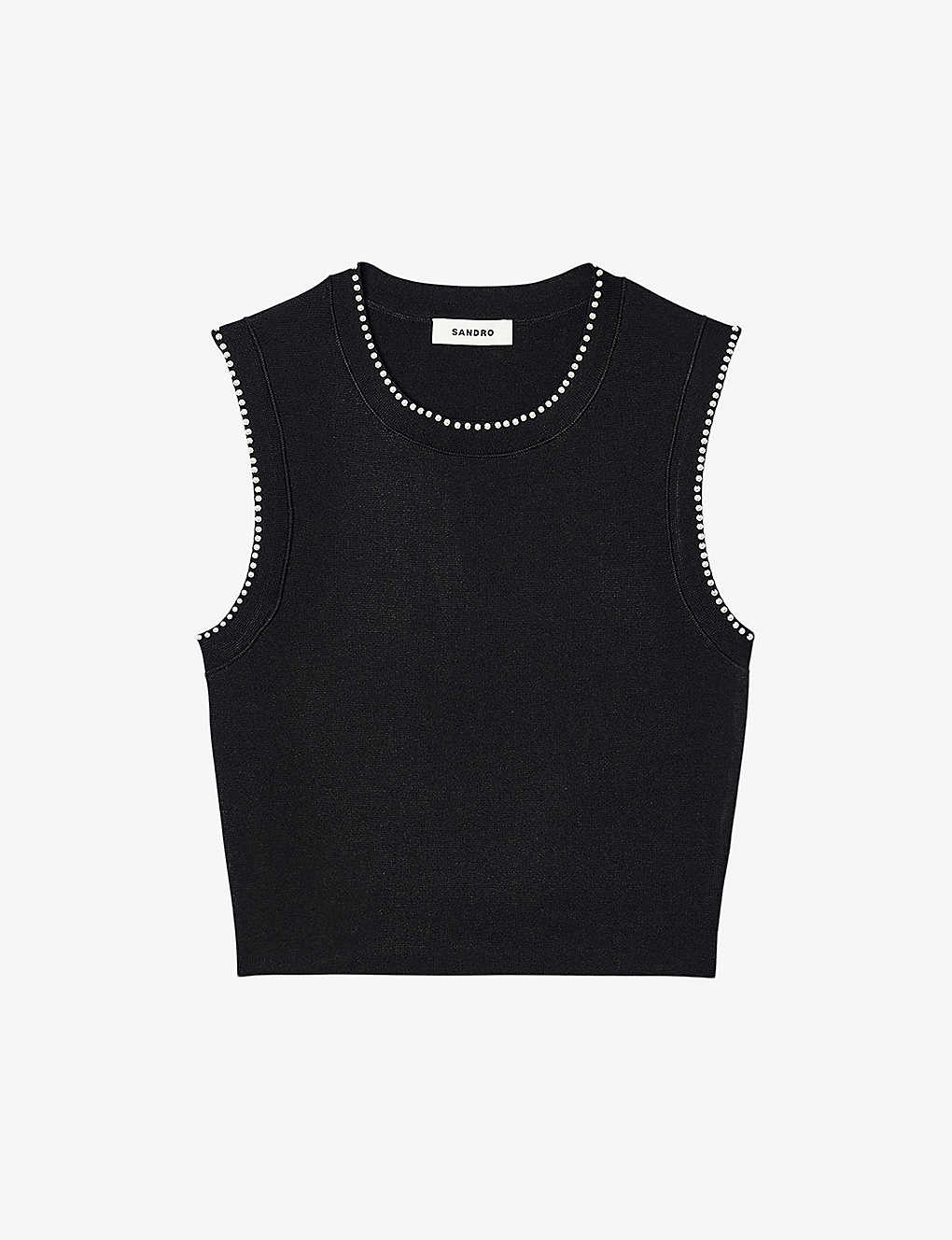 Sandro Womens Black Faux Pearl-embellished Sleeveless Stretch-woven Jumper