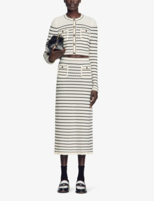 Shop Sandro Women's Noir / Gris Moline Striped Stretch-knit Midi Skirt