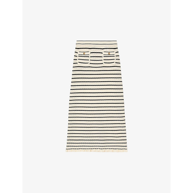 Shop Sandro Women's Noir / Gris Moline Striped Stretch-knit Midi Skirt