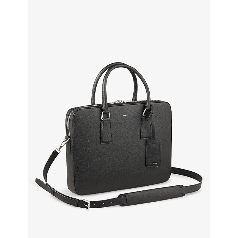 Shop Sandro Men's Noir / Gris Logo-print Leather Briefcase Bag