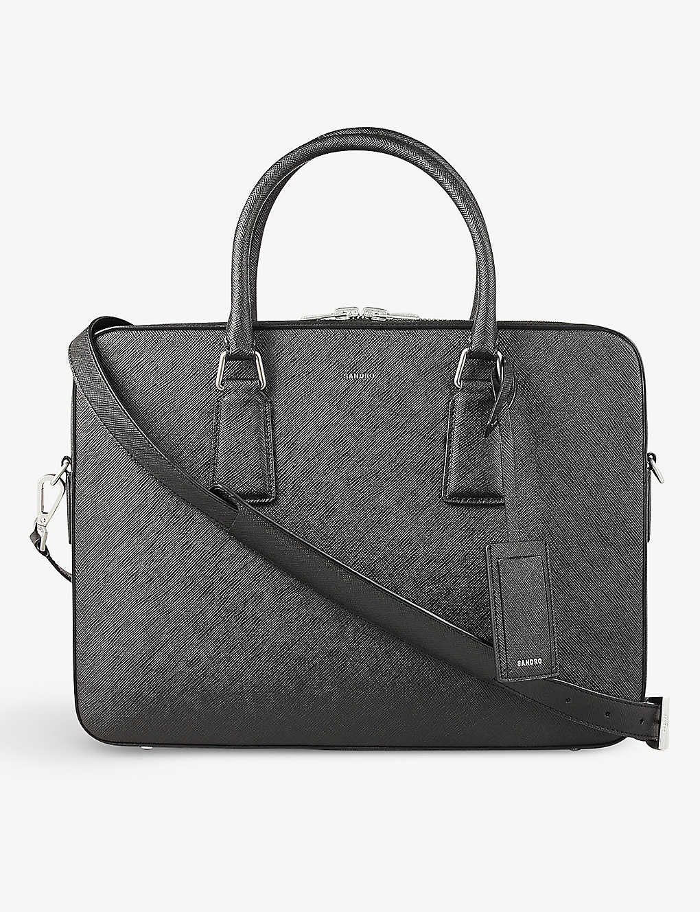 Shop Sandro Mens Noir / Gris Logo-print Leather Briefcase Bag