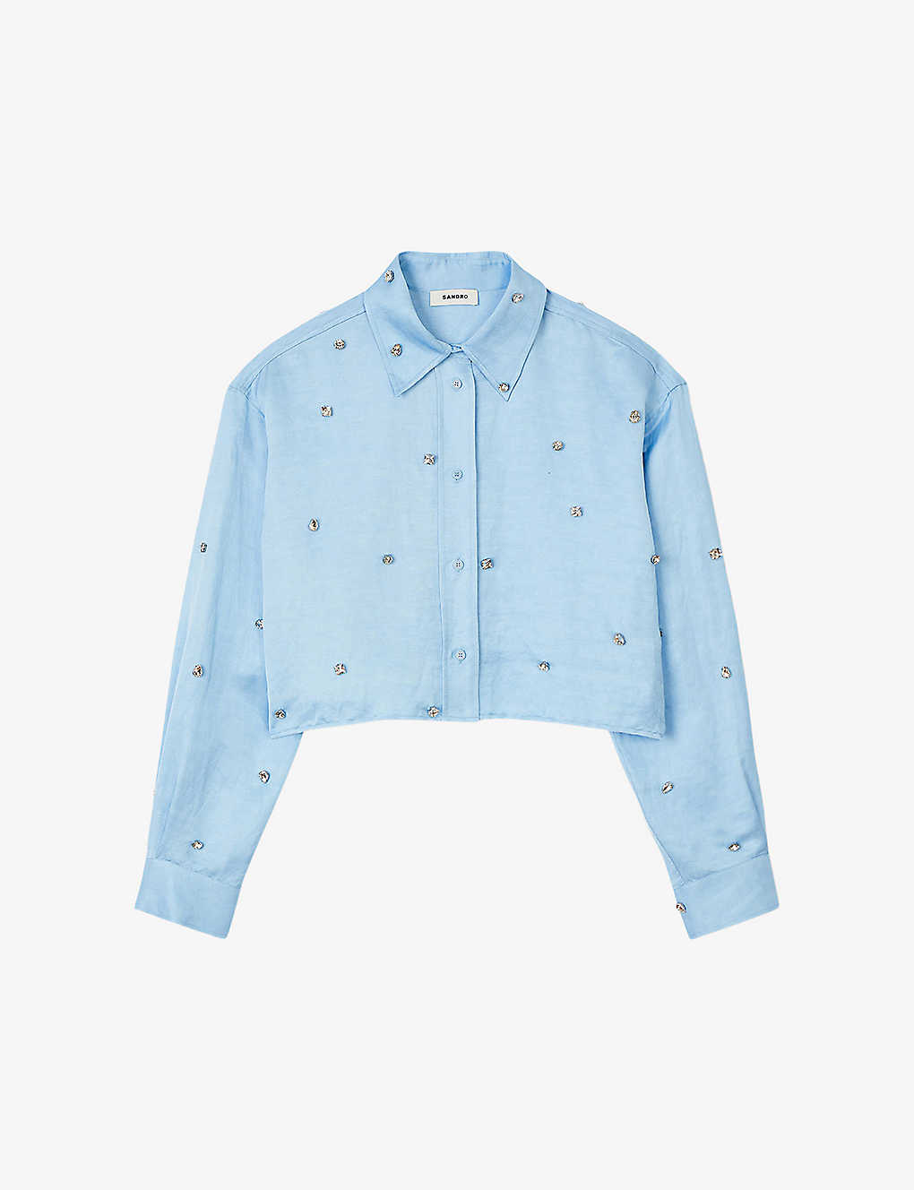 Shop Sandro Women's Bleus Rhinestone-embellished Cropped Satin Shirt