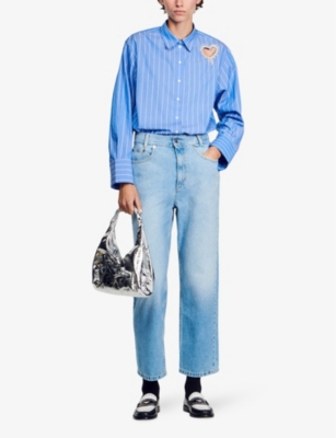 Shop Sandro Womens Bleus Cut Out-heart Striped Cotton Shirt