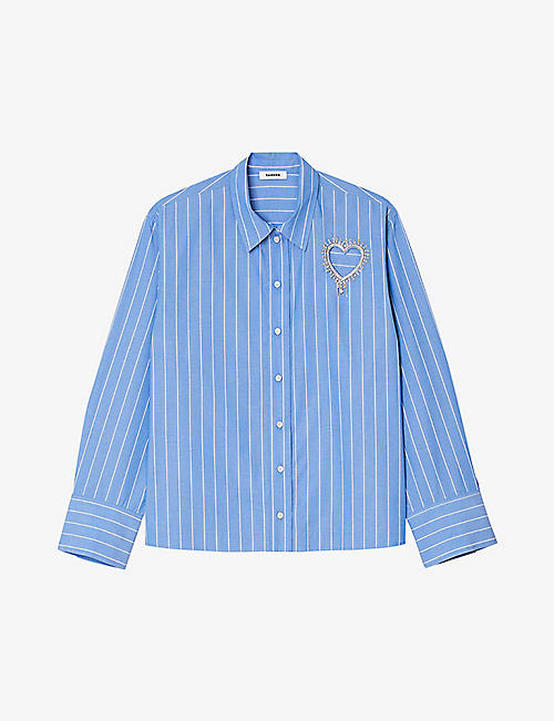 SANDRO: Cut out-heart striped cotton shirt