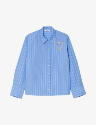 Sandro Womens Bleus Cut Out-heart Striped Cotton Shirt