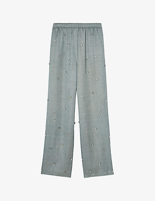 SANDRO: Rhinestone-embellished wide-leg high-rise satin trousers