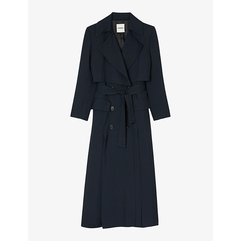 Shop Sandro Womens Bleus Oversized-lapel Belted Woven Trench Coat