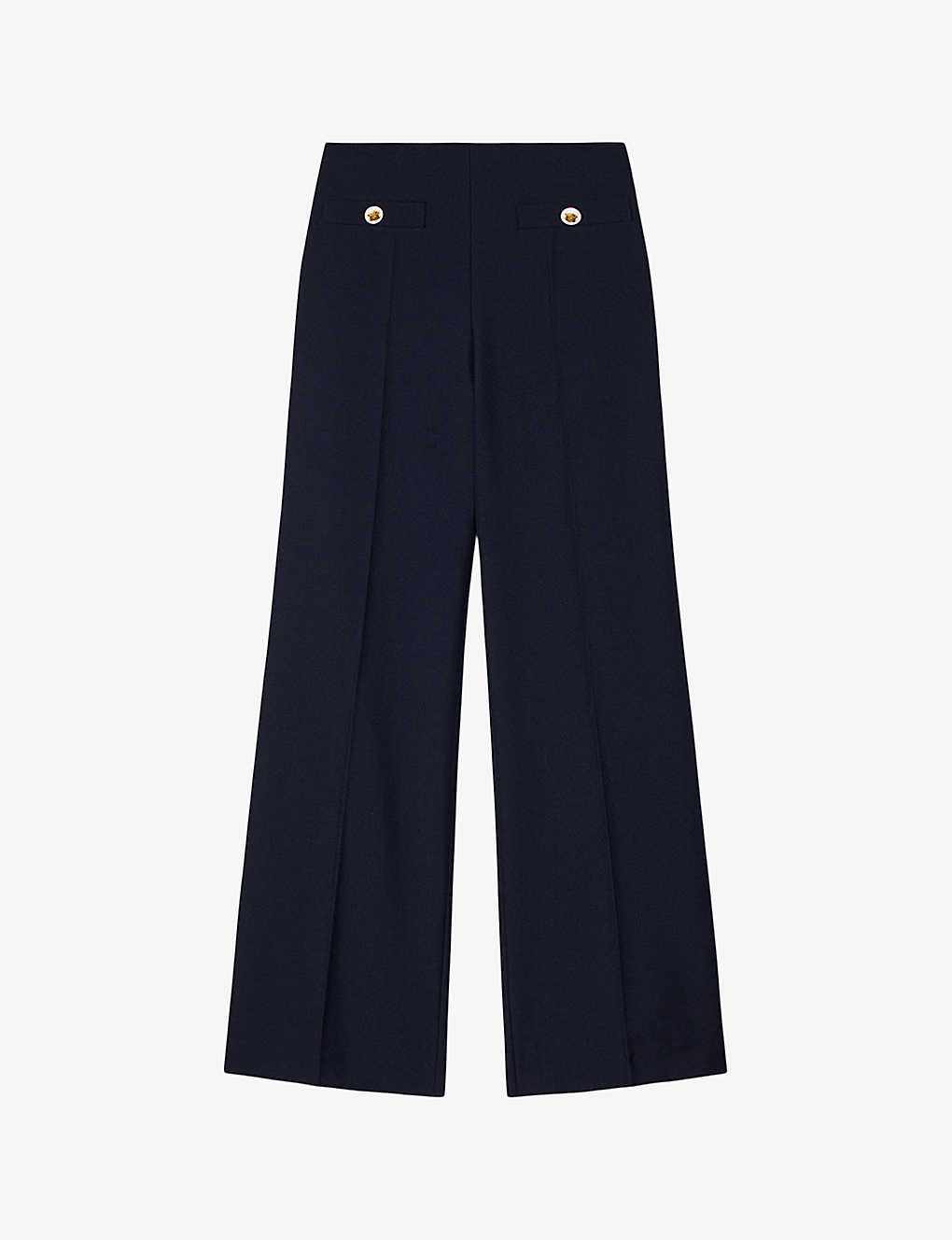Sandro Womens Bleus Button-embellished Wide-leg High-rise Wool-blend Twill Trousers In Blue