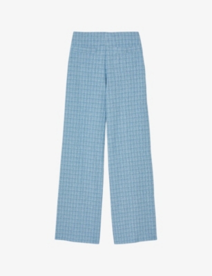 Shop Sandro Women's Bleus Tweed-textured Wide-leg High-rise Cotton-blend Trousers In Blue