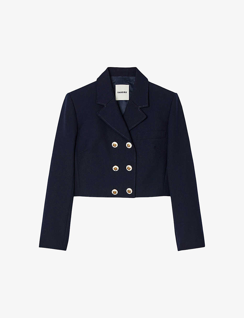 Sandro Womens Bleus Button-embellished Cropped Wool-blend Twill Blazer In Blue