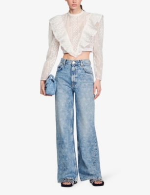 Shop Sandro Women's Bleus Heart-print Wide-leg Mid-rise Denim Jeans