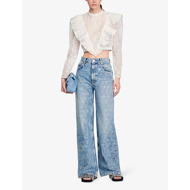 Shop Sandro Women's Bleus Heart-print Wide-leg Mid-rise Denim Jeans
