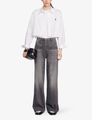 Shop Sandro Women's Noir / Gris Logo-zip Flared-leg High-rise Denim Jeans