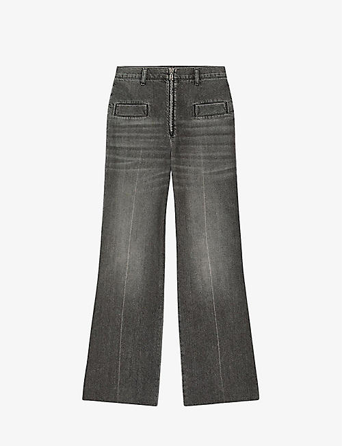 SANDRO: Logo-zip flared-leg high-rise denim jeans