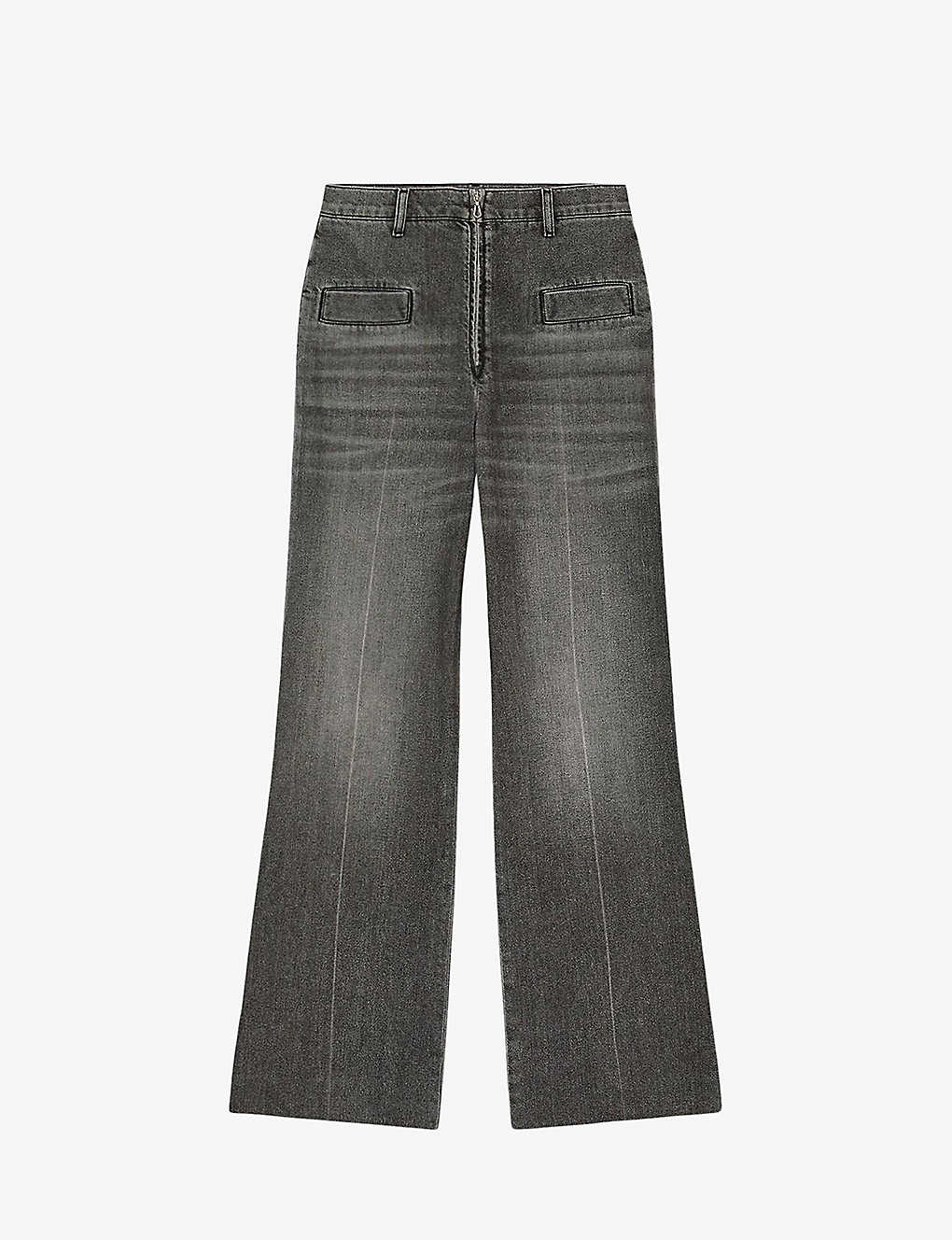 Sandro Womens Black Logo-zip Flared-leg High-rise Denim Jeans In Noir / Gris