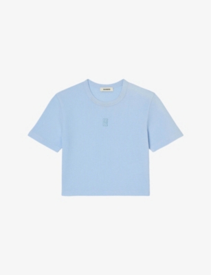 Shop Sandro Women's Bleus Logo-embroidered Waffle-textured Cropped Cotton T-shirt
