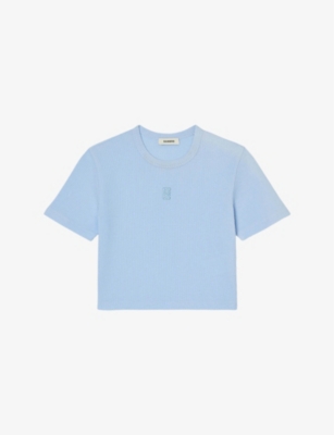 Sandro Logo-embroidered Cropped T-shirt In Bleus