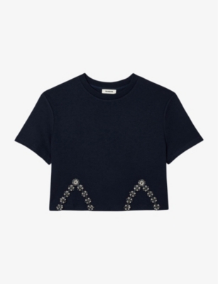 SANDRO: Crystal-embellished cut-out cotton-blend T-shirt