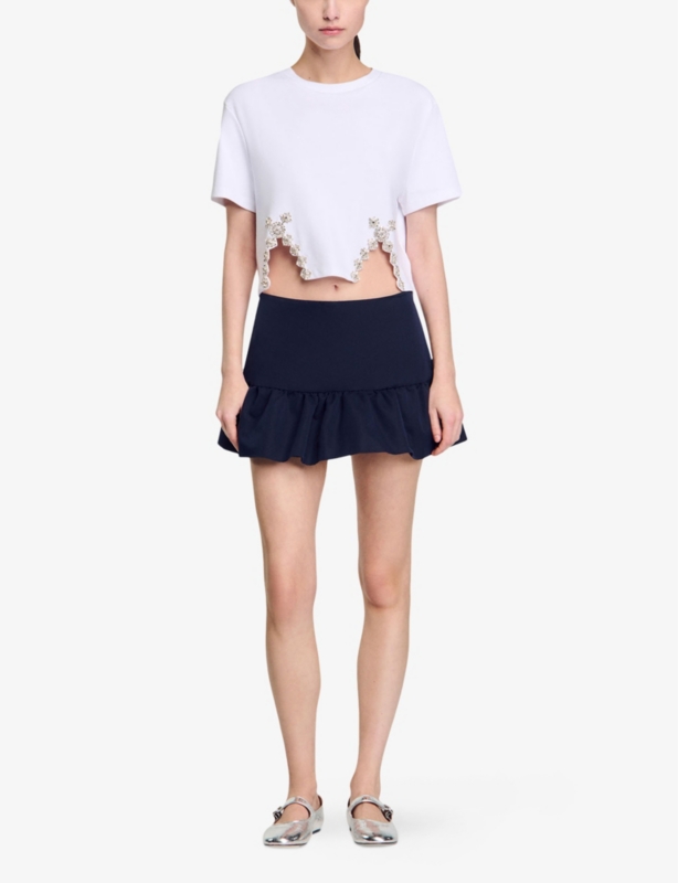 Crystal-embellished cut-out cotton-blend T-shirt