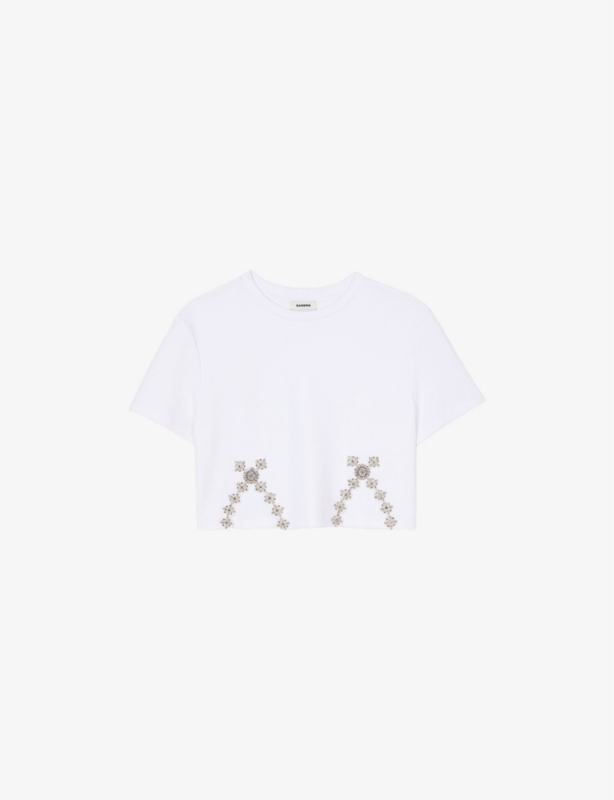 Crystal-embellished cut-out cotton-blend T-shirt