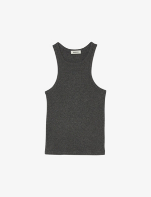 Sandro Womens Noir / Gris Logo-embroidered Slim-fit Cotton Vest