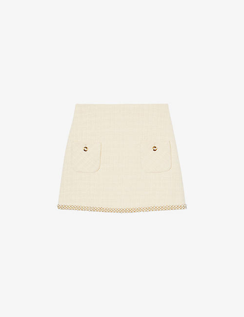 SANDRO: Tweed bead-embellished cotton-blend mini skirt