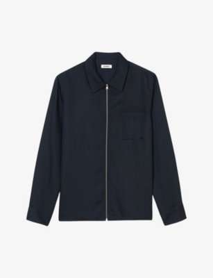 Sandro Mens Bleus Chemise Patch-pocket Regular-fit Woven-blend Jacket