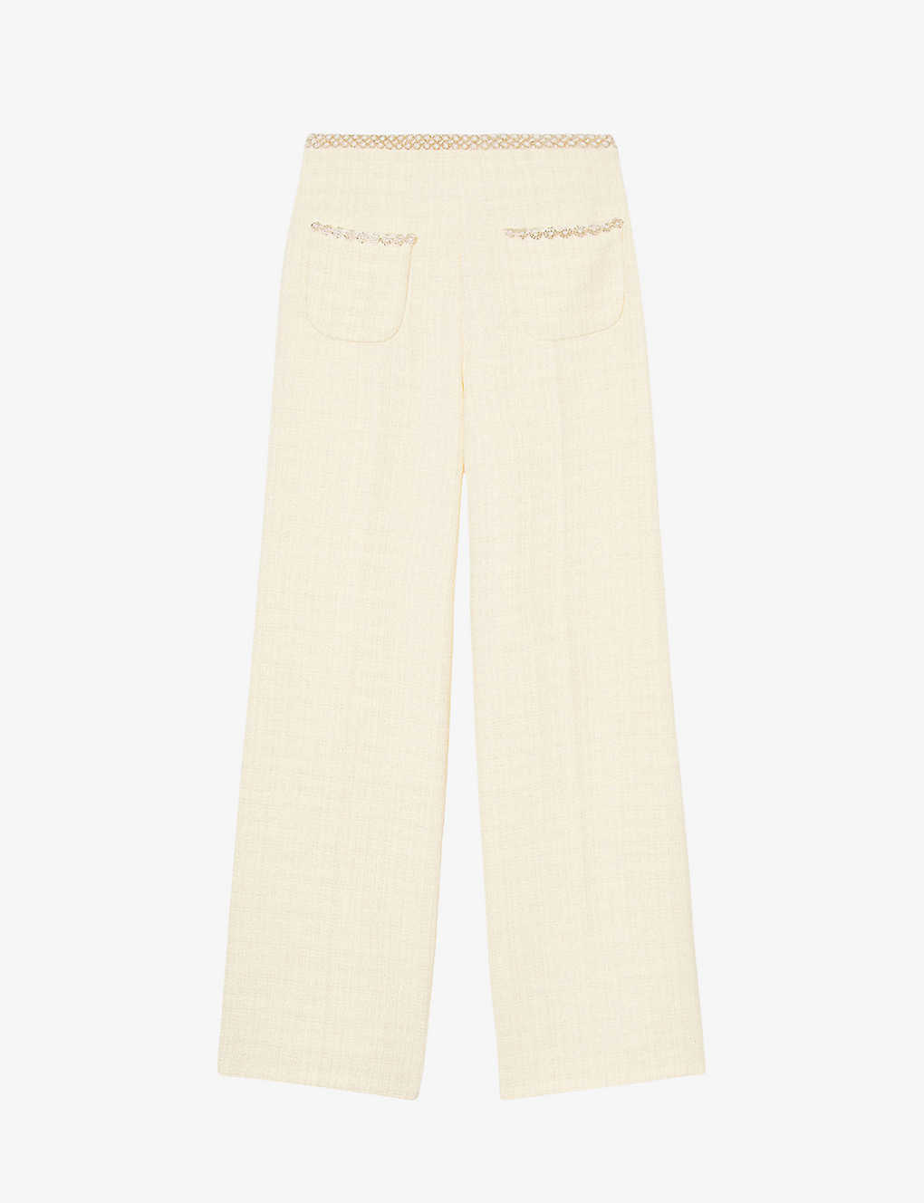 Sandro Womens Naturels Rhinestone-embellished Wide-leg Mid-rise Cotton-blend Trousers