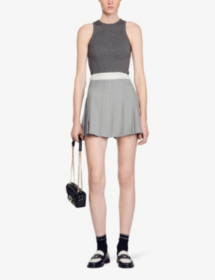 Shop Sandro Women's Noir / Gris Satin-waist High-rise Pleated Woven Mini Skirt