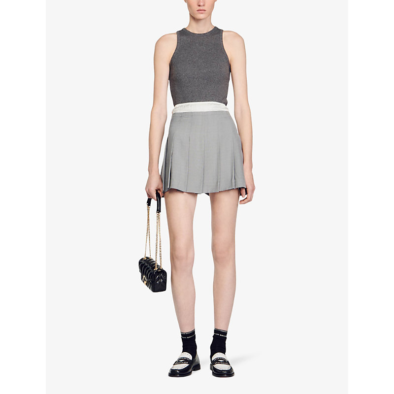 Shop Sandro Women's Noir / Gris Satin-waist High-rise Pleated Woven Mini Skirt