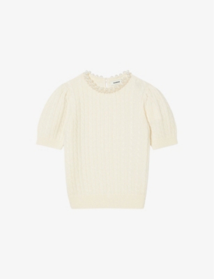 Sandro Womens Naturels Cable-knit Bead-embellished Wool And Cashmere Jumper