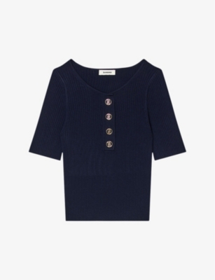 Sandro Womens Bleus Button-embellished Ribbed Woven Top In Blue
