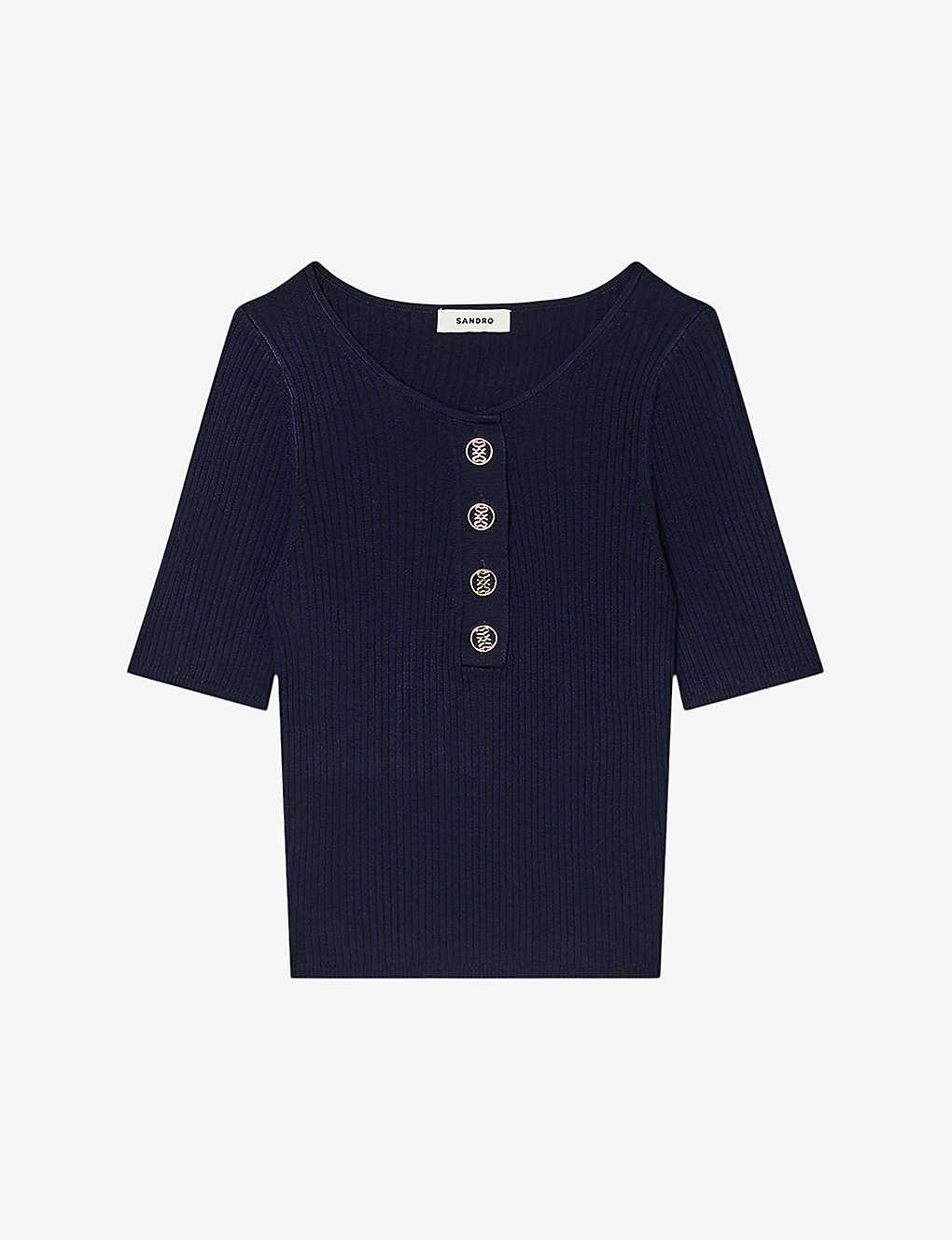 Sandro Womens Bleus Button-embellished Ribbed Woven Top In Blue
