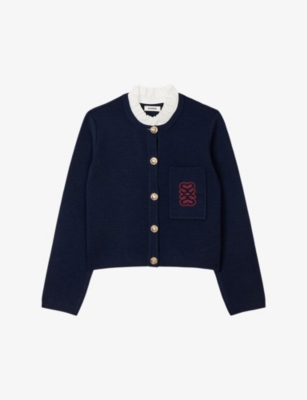 SANDRO: Logo-embroidered frilled-collar knitted cardigan