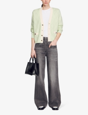 Shop Sandro Women's Verts Contrast-trim Pointelle-stitch Knitted Cardigan