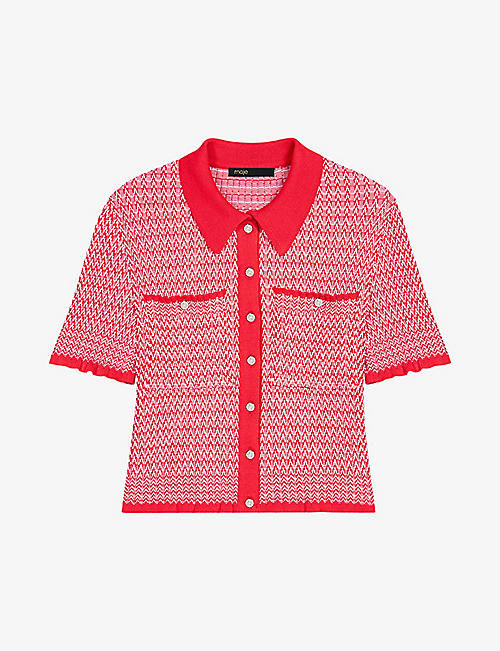 MAJE: Herringbone-weave cropped knitted polo shirt