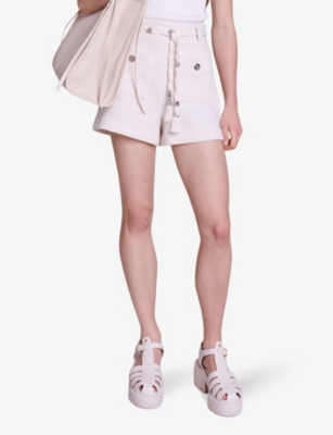Shop Maje Womens Blanc Patch-pocket Rope-belt Stretch-woven Shorts