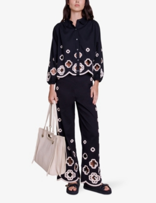 Shop Maje Women's Noir / Gris Clover Openwork-crocheted Loose-fit Cotton Shirt