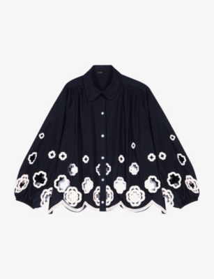 Shop Maje Women's Noir / Gris Clover Openwork-crocheted Loose-fit Cotton Shirt