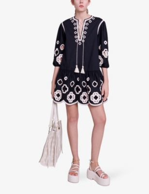 Shop Maje Women's Noir / Gris Clovers-guipure Embroidered Cotton Tunic Mini Dress