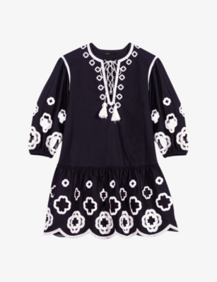 Shop Maje Womens Noir / Gris Clovers-guipure Embroidered Cotton Tunic Mini Dress