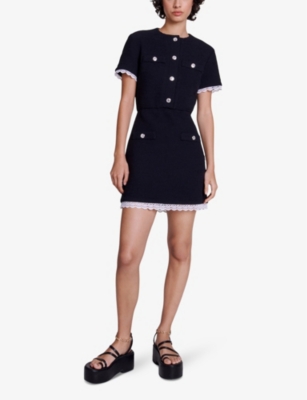 Shop Maje Women's Noir / Gris Lace-trim Welt-pocket Woven Mini Dress