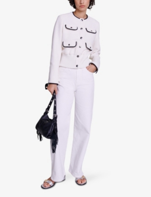 Shop Maje Women's Blanc Contrast-trim Flap-pocket Woven Jacket