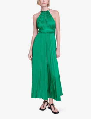 Shop Maje Womens Verts Side-tie High-neck Pleated Satin Maxi Dress