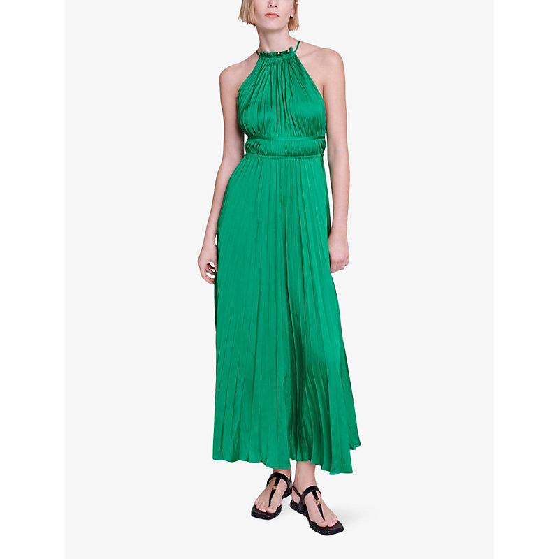 Shop Maje Women's Verts Side-tie High-neck Pleated Satin Maxi Dress