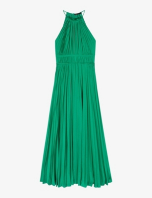 MAJE: Side-tie high-neck pleated satin maxi dress