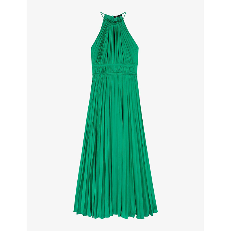Shop Maje Women's Verts Side-tie High-neck Pleated Satin Maxi Dress
