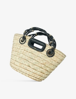 Shop Maje Women's Noir / Gris Logo-embossed Braided-handles Raffia Basket Bag