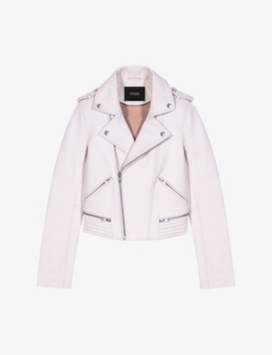Shop Maje Womens Blanc Biker-collar Slim-fit Cropped Leather Jacket