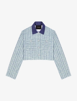 Shop Maje Women's Multicolor Contrast-tweed Cropped Cotton-blend Blazer